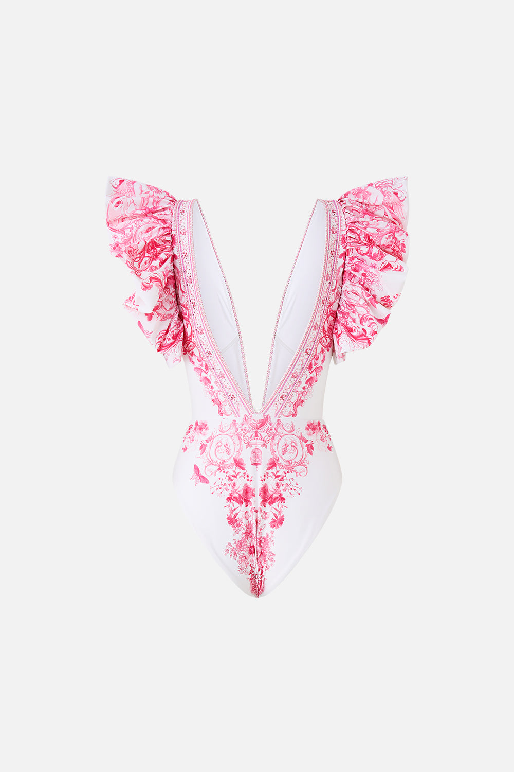 PLUNGE ONE PIECE W PLEATED RUFFLE SLEEVES LIVIN LA VIDA ROSA