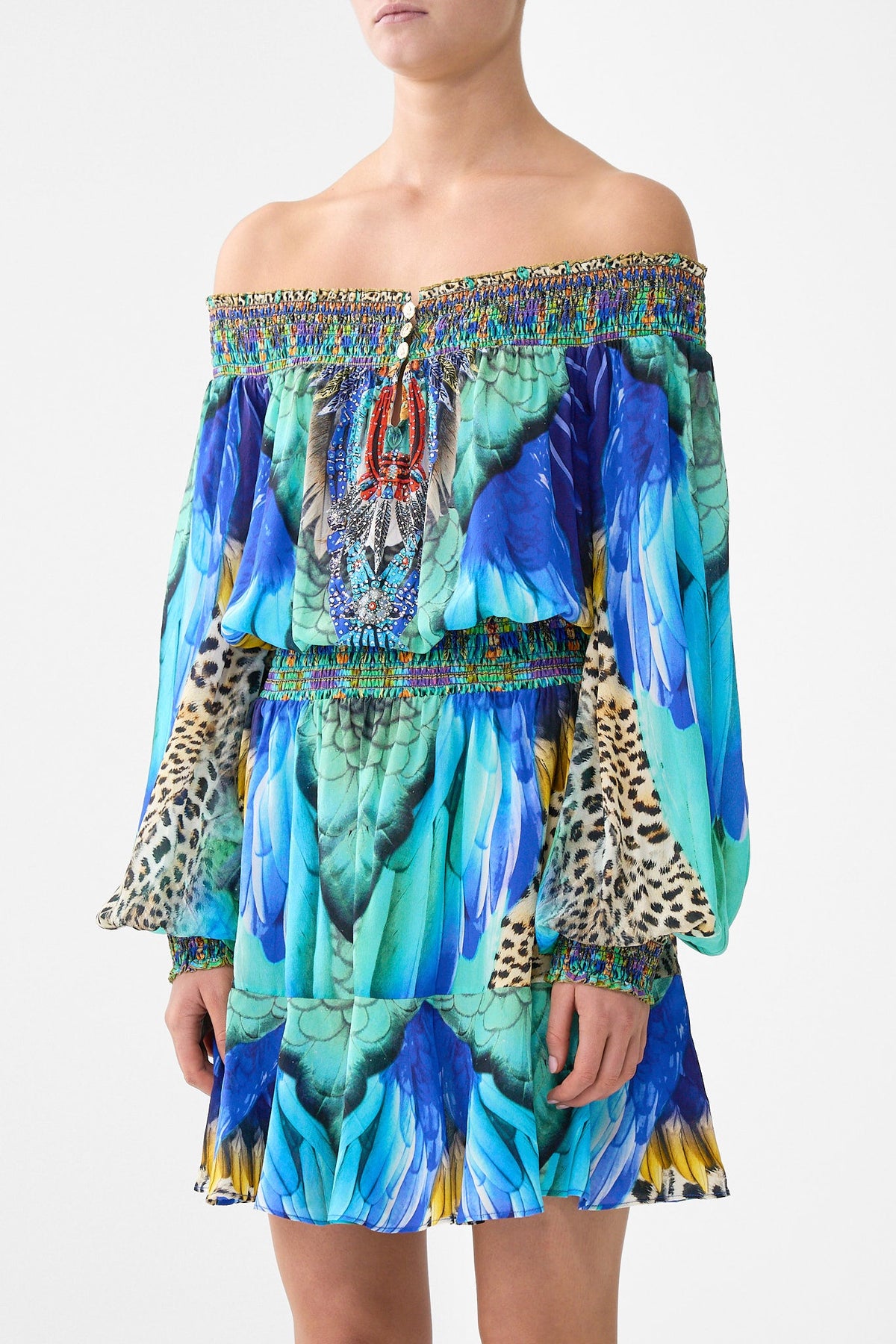 OFF SHOULDER SHORT DRESS JUNGLE FLIGHT