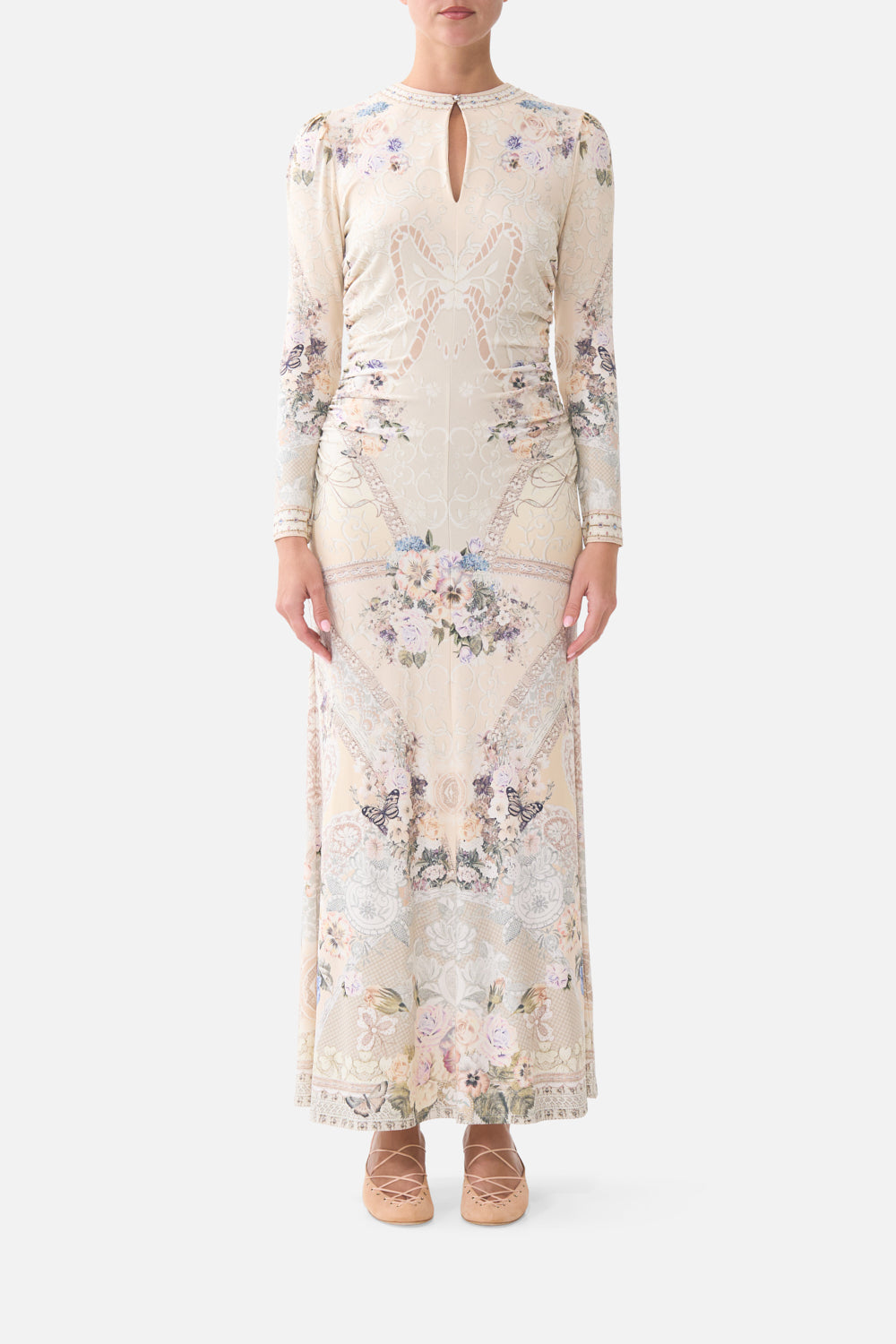 GATHERED JERSEY LONG DRESS LACED WITH LOVE