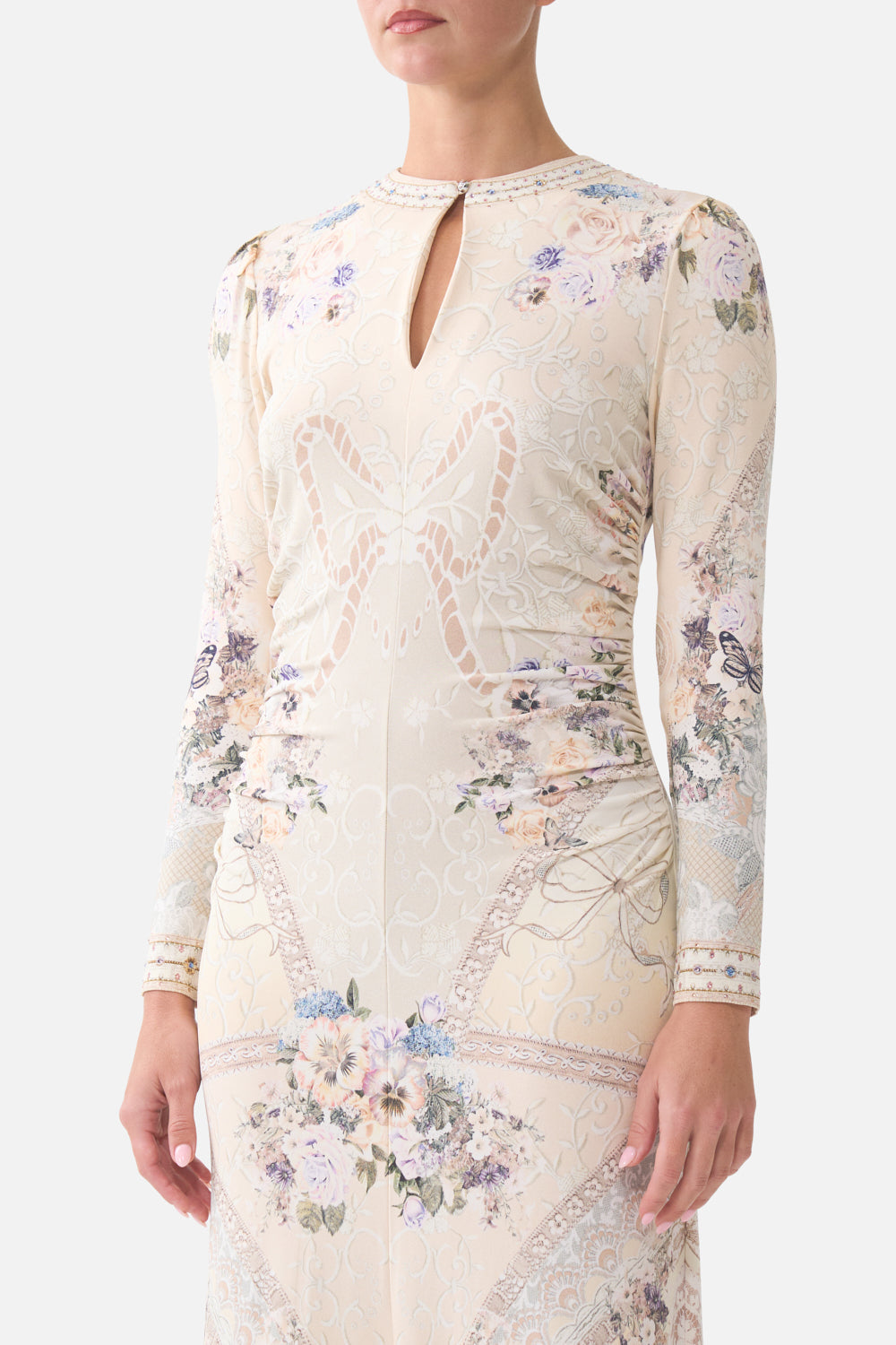 GATHERED JERSEY LONG DRESS LACED WITH LOVE