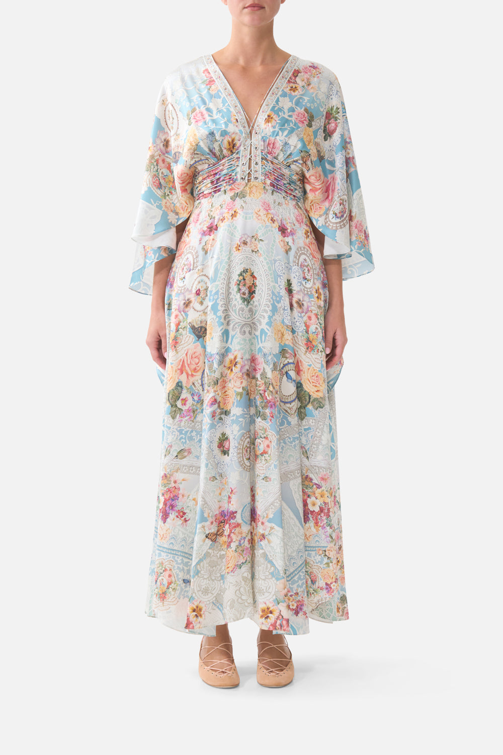 V NECK LACE UP DETAIL LONG DRESS A TASTE FOR LACE