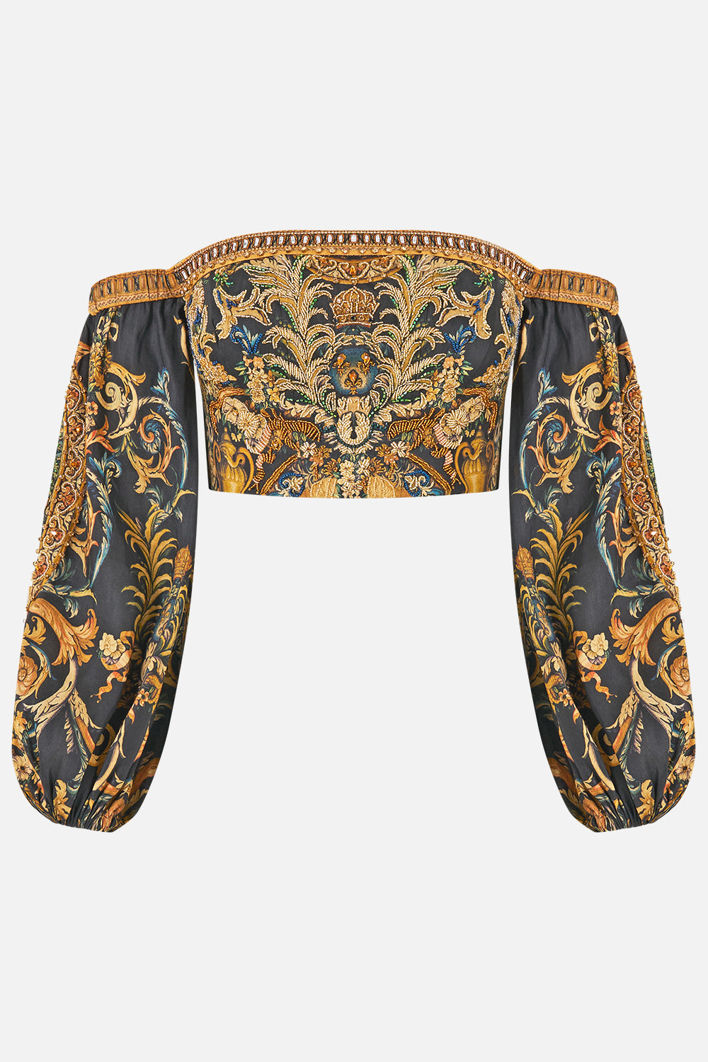 The CAMILLA Long Sleeved Corset Crop Top in our Museum Memoirs print.