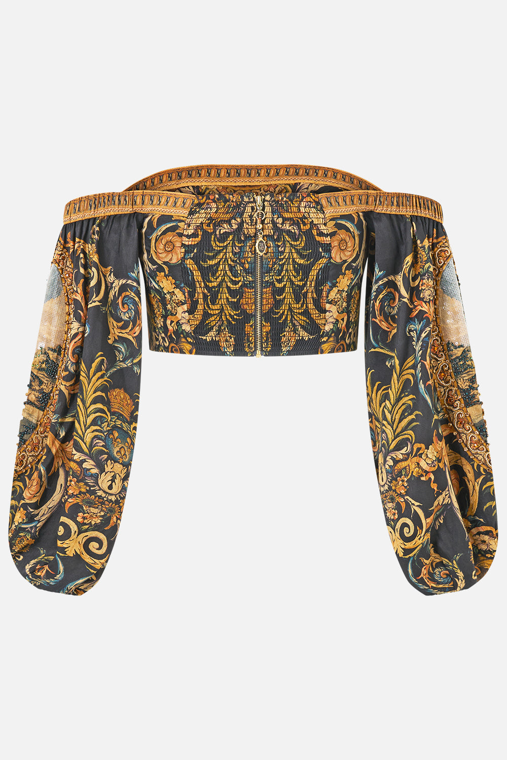 The CAMILLA Long Sleeved Corset Crop Top in our Museum Memoirs print.