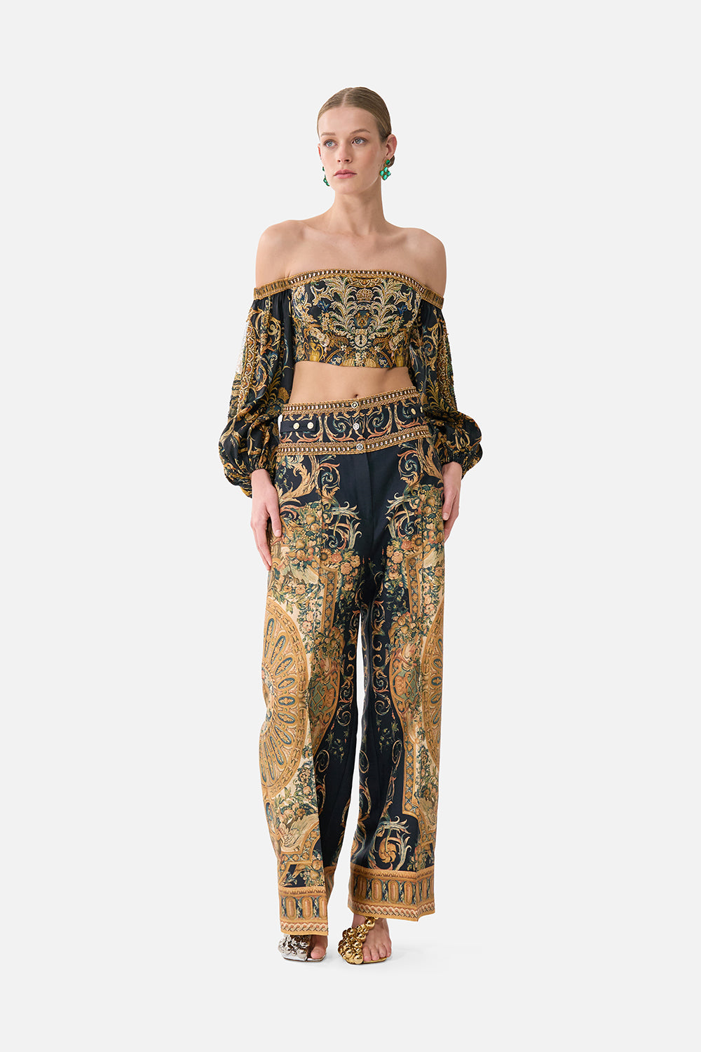 The CAMILLA Long Sleeved Corset Crop Top in our Museum Memoirs print.