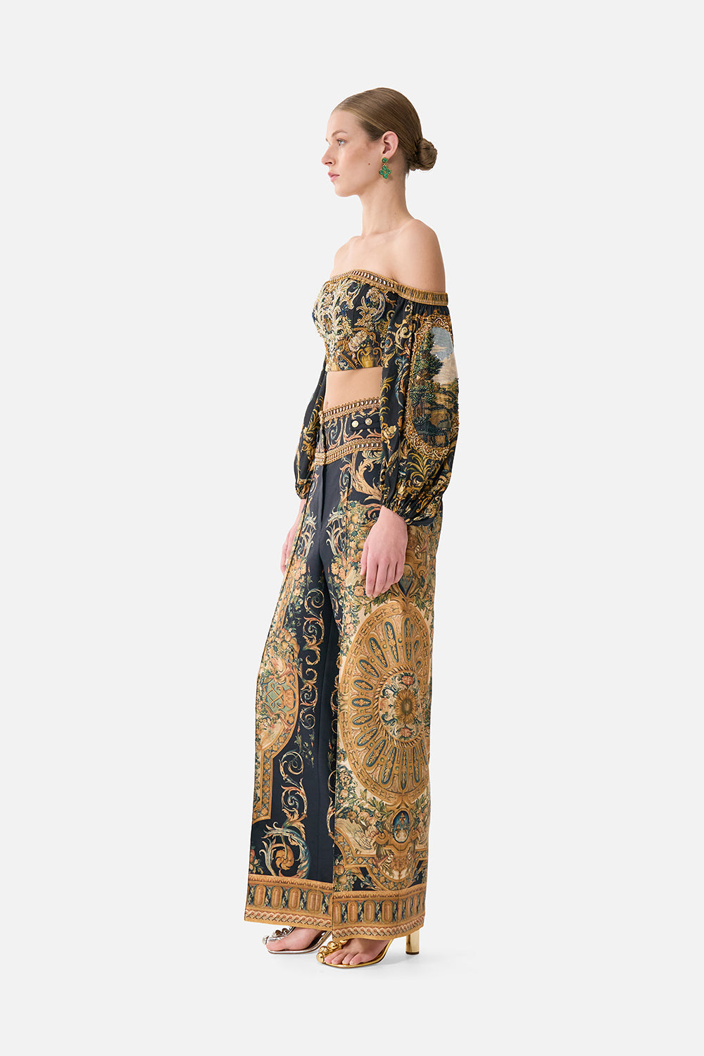 The CAMILLA Long Sleeved Corset Crop Top in our Museum Memoirs print.