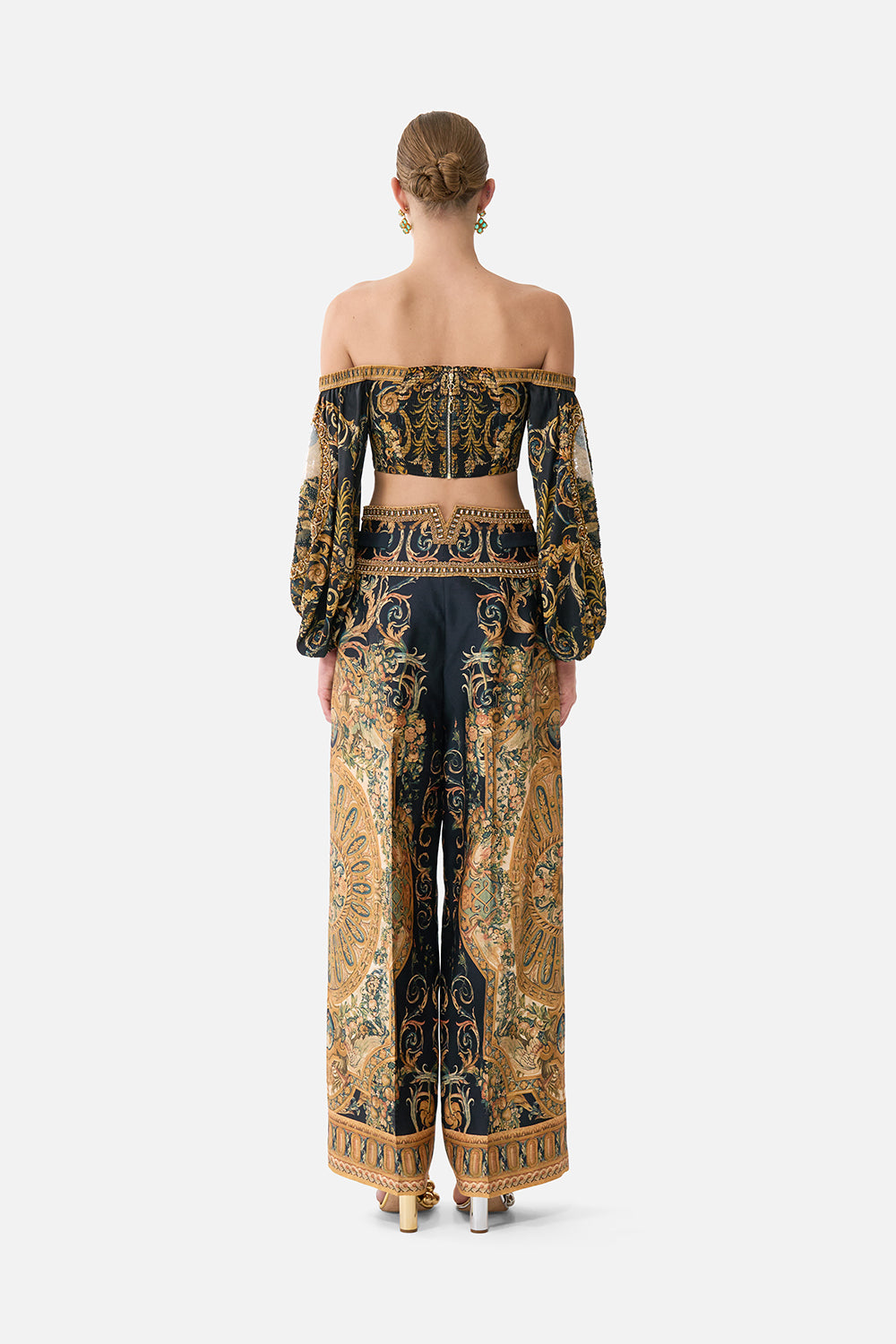 The CAMILLA Long Sleeved Corset Crop Top in our Museum Memoirs print.