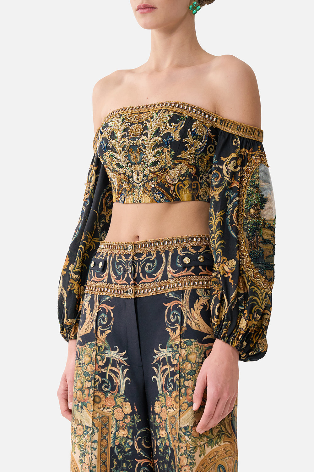 The CAMILLA Long Sleeved Corset Crop Top in our Museum Memoirs print.