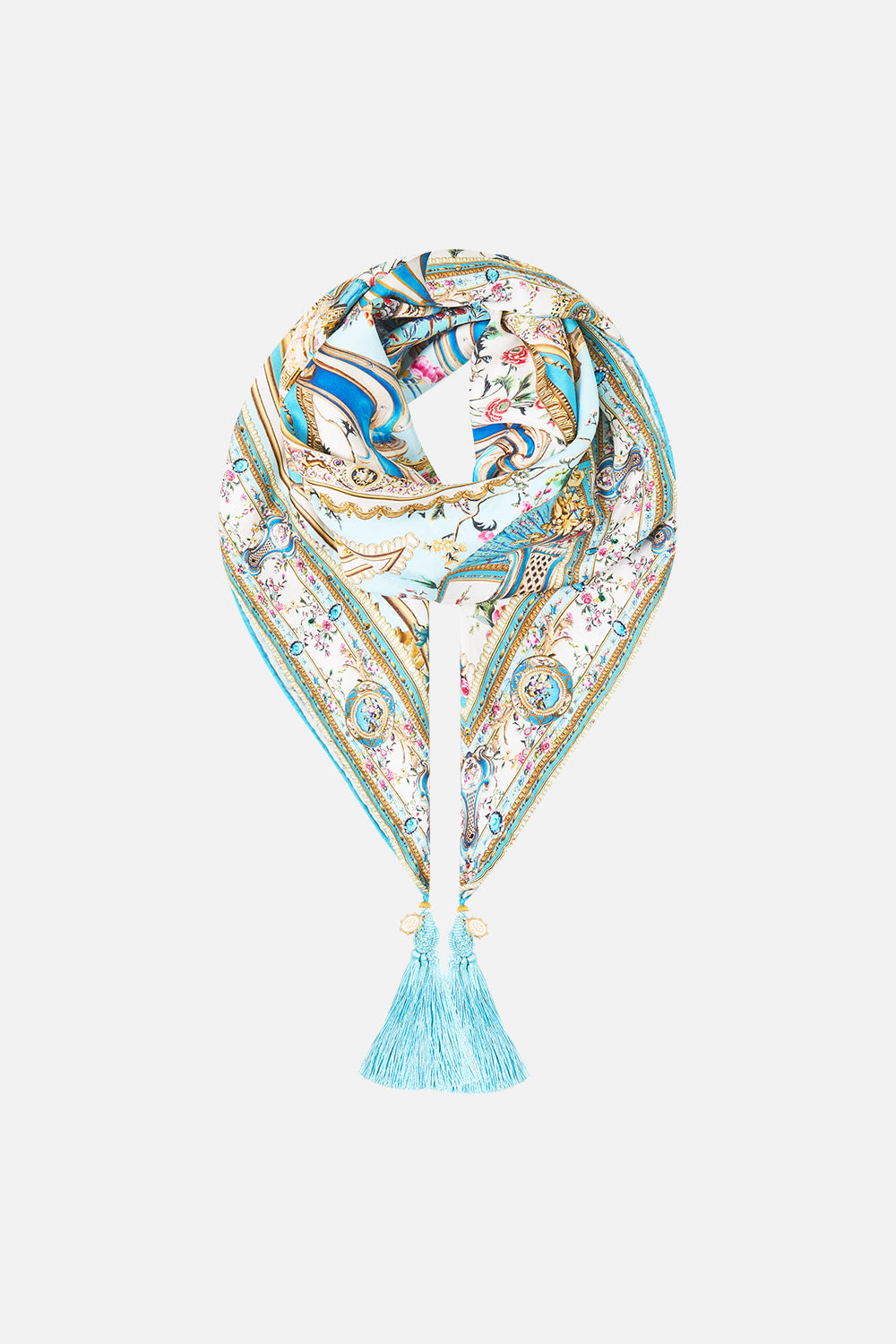 The CAMILLA Large Crystalled Silk Square Scarf in our Art For The Artisans print.