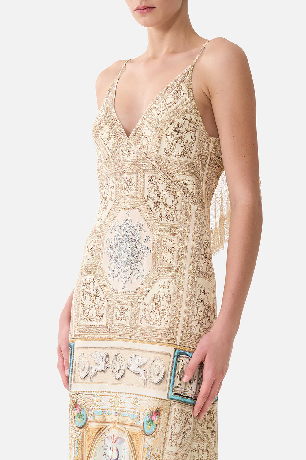 The CAMILLA V Neck Bias Slip Dress With Back Frill in our A Beloved Boudoir print.