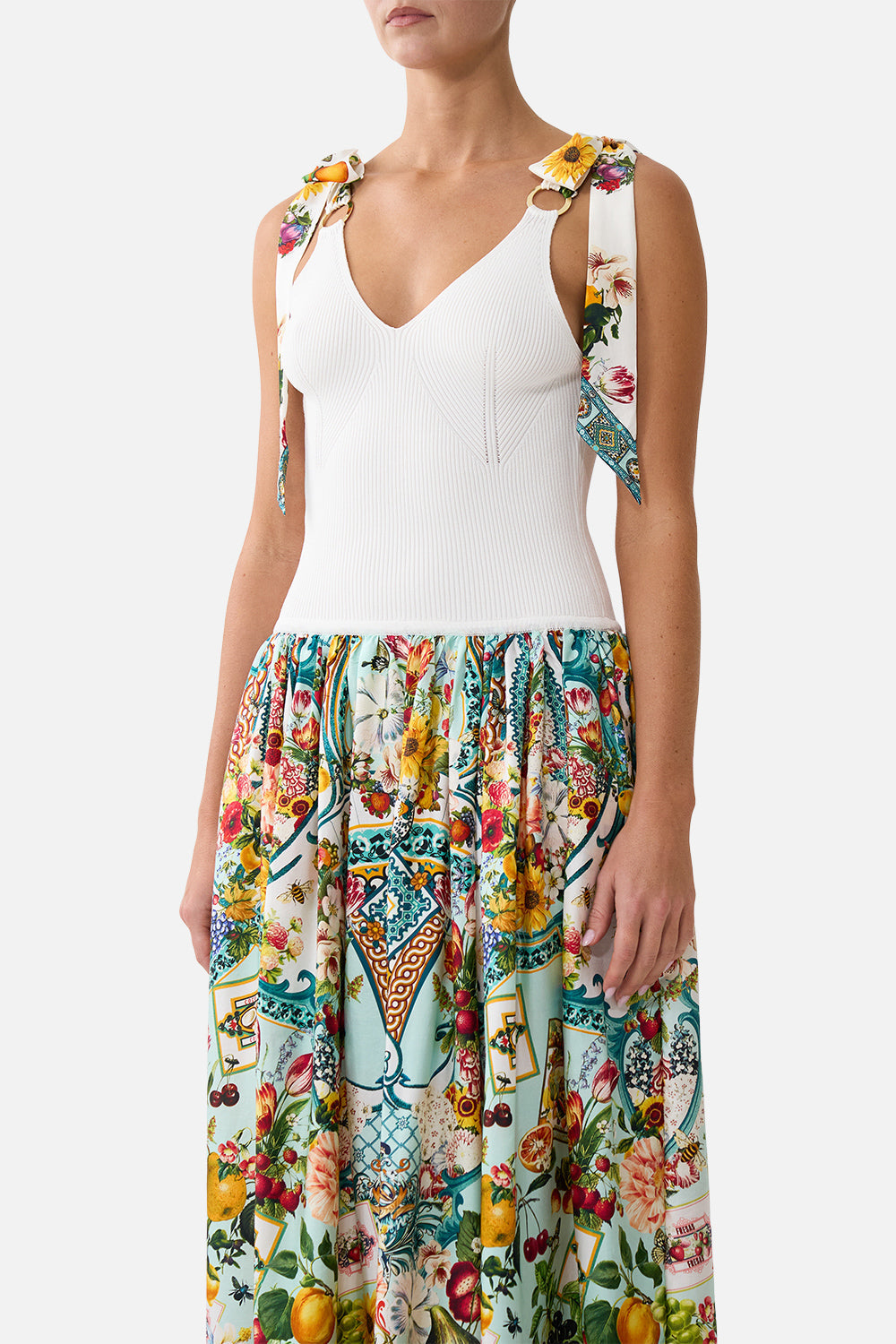 KNIT BODICE SILK SPLICED MIDI DRESS MAGIC OF THE MERCADO
