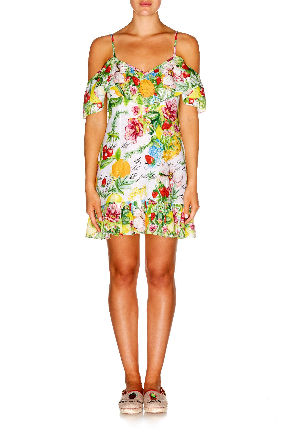 THERES NO PLACE LIKE RIO LOW V BACK DRESS W FRILL