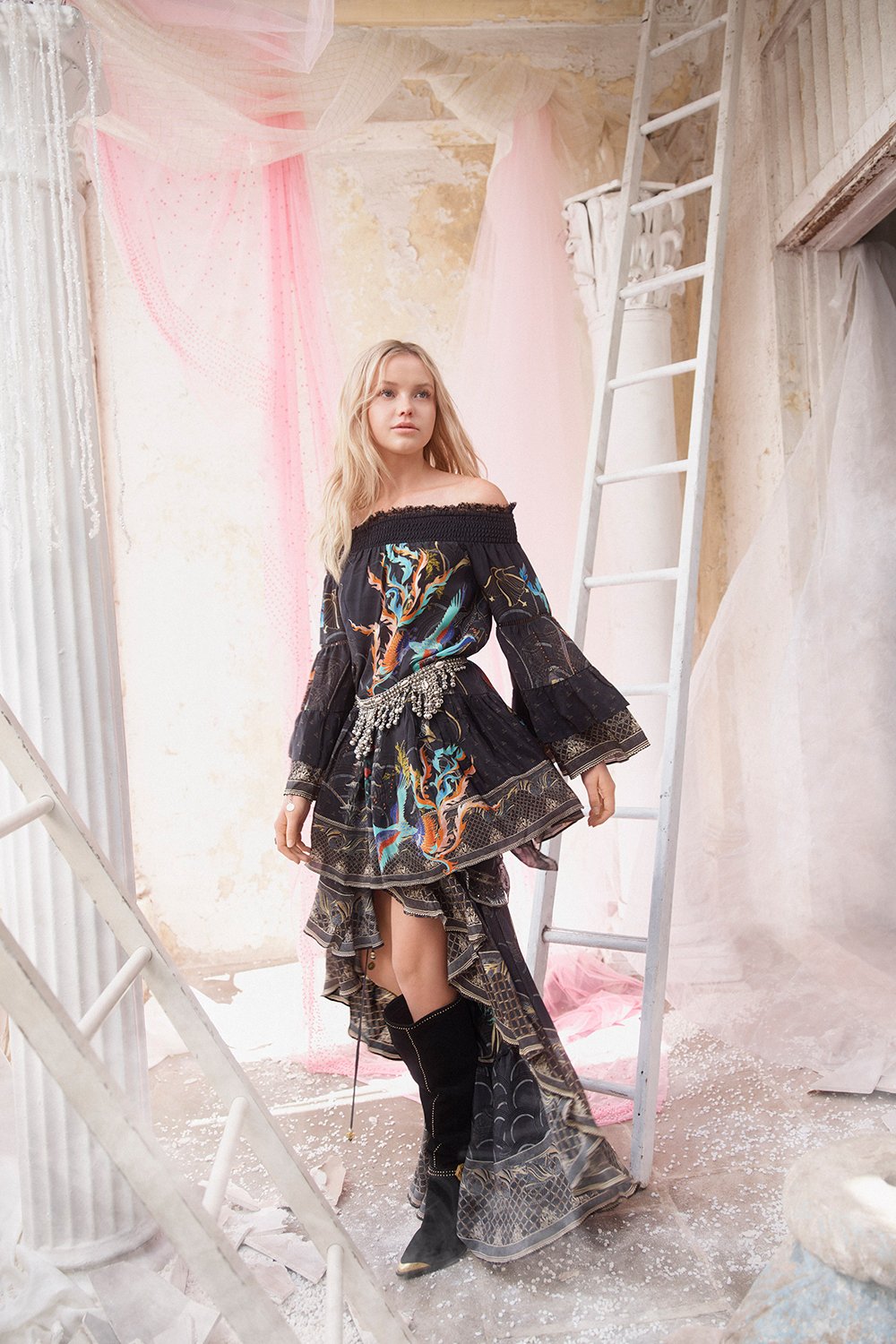 OFF SHOULDER DRESS WITH SMOCKING WISE WINGS