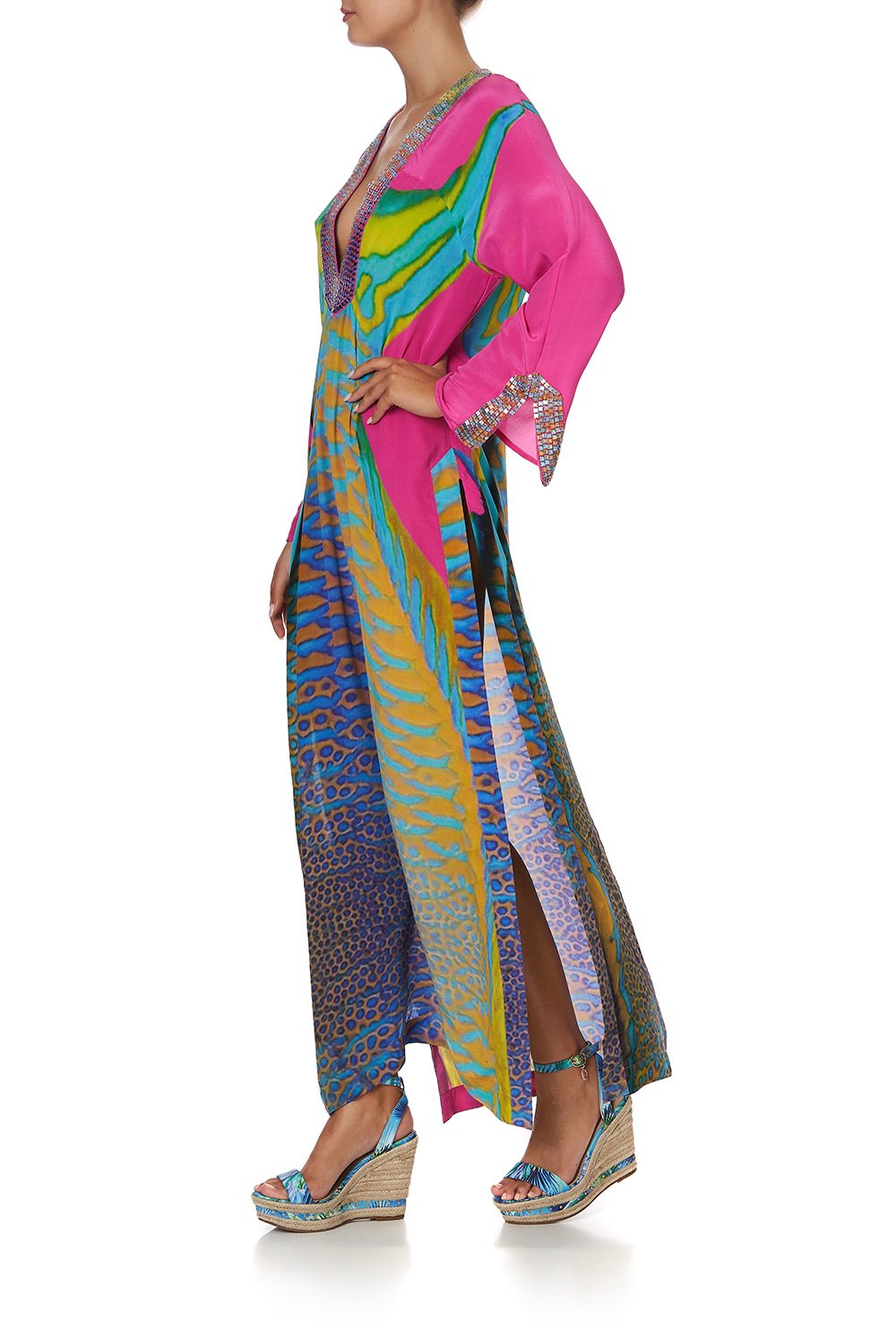 V NECK LONG DRESS WITH SIDE SPLIT PARROT