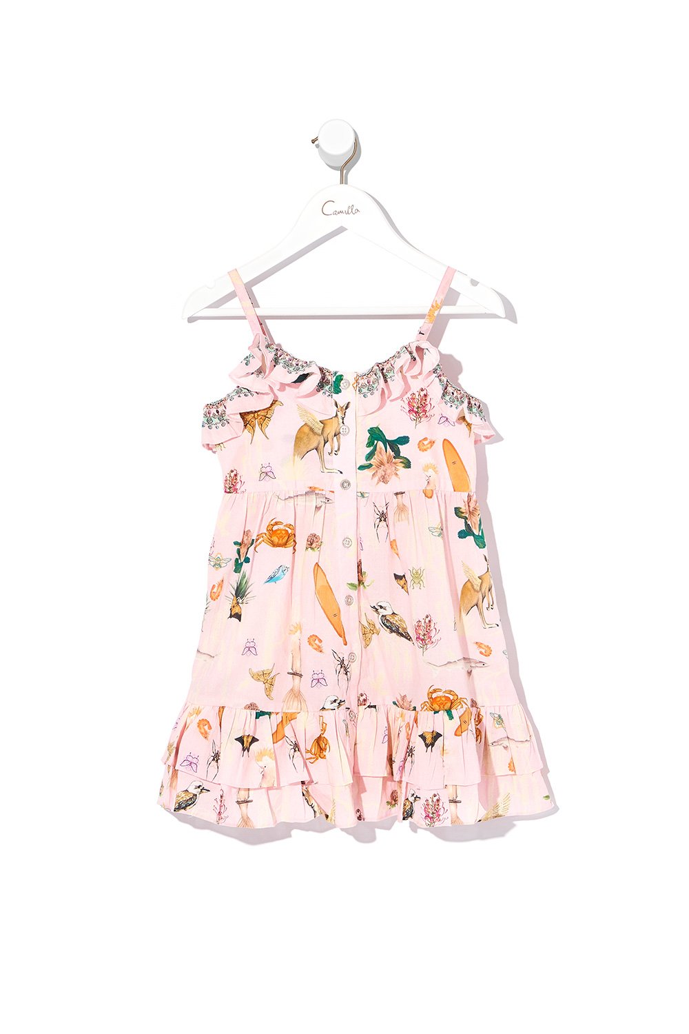 KIDS BUTTON THROUGH FRILL DRESS OVER THE RAINBOW