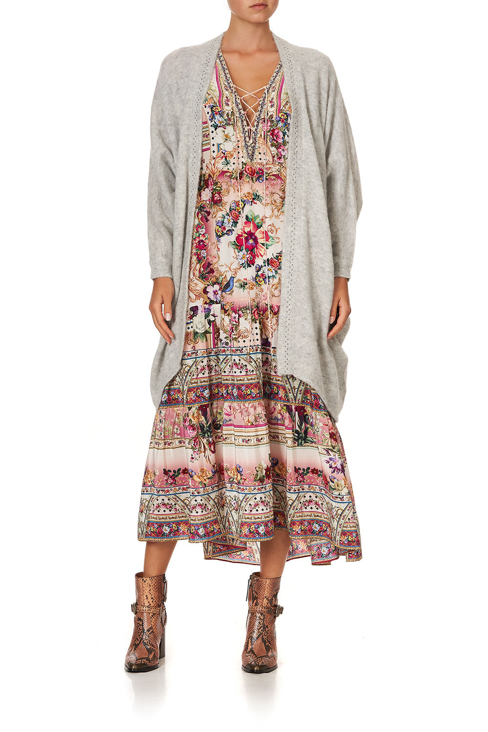 SOFT KNIT PONCHO WITH EMBROIDERY GREY ISTENANYA