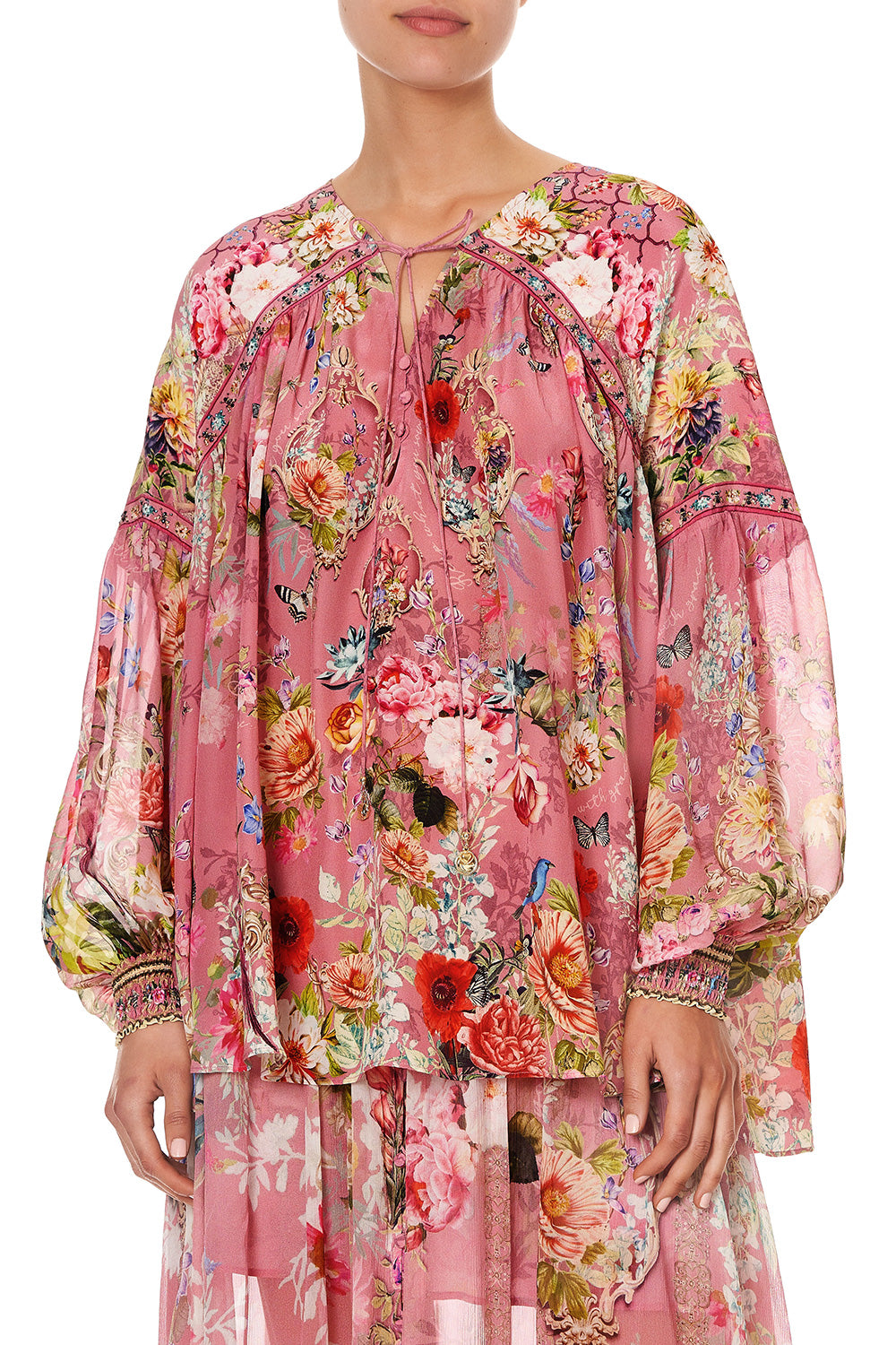 BLOUSON BLOUSE WITH NECK TIE PATCHWORK HEART