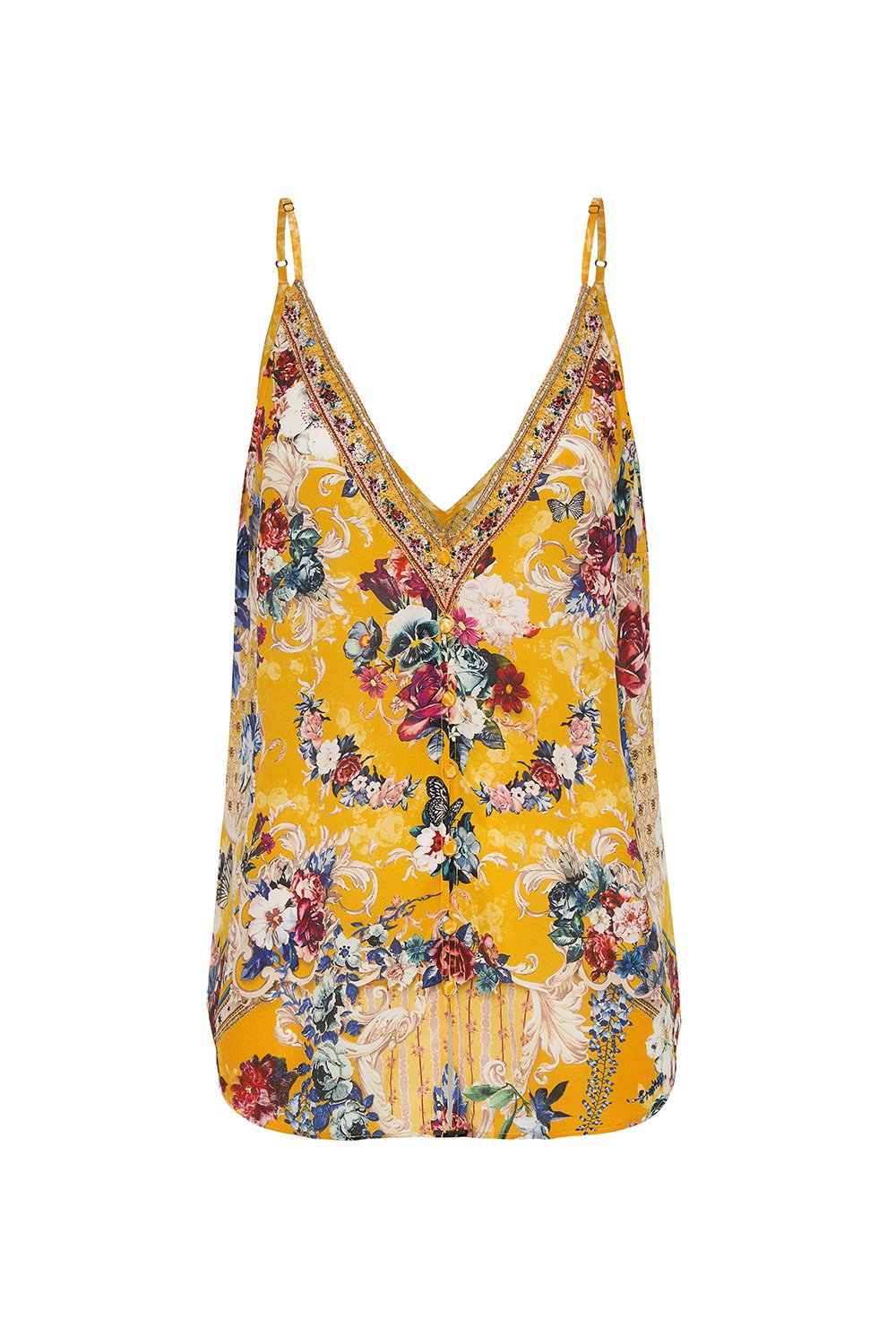 BUTTON FRONT V NECK CAMI CROWNED ROSES