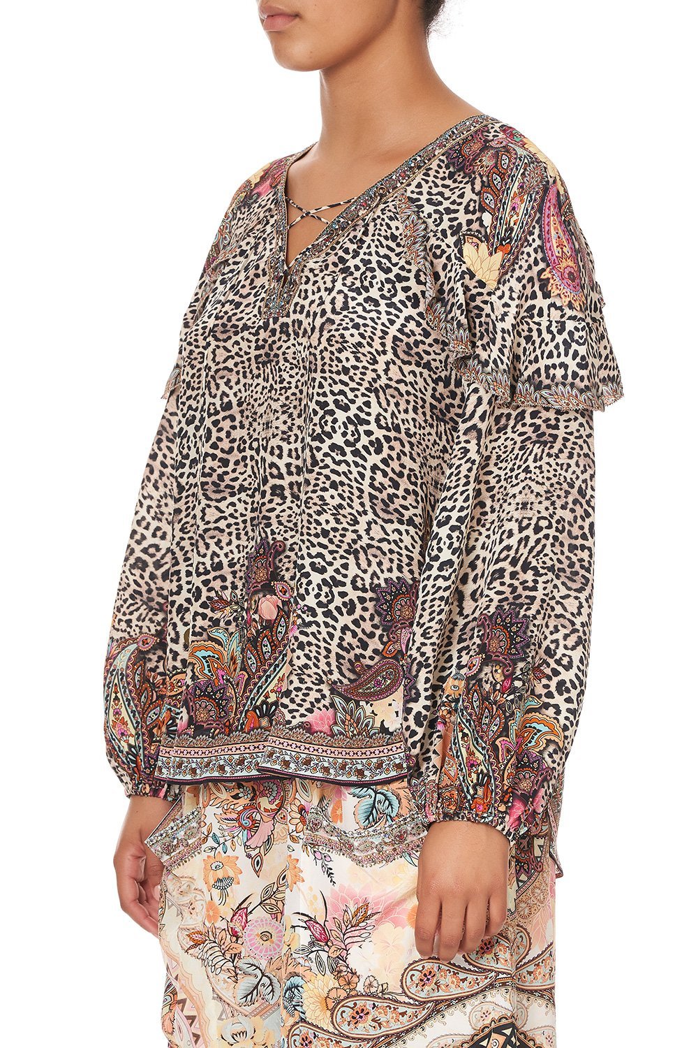 BLOUSON SLEEVE LACE UP BLOUSE WILD CHILD