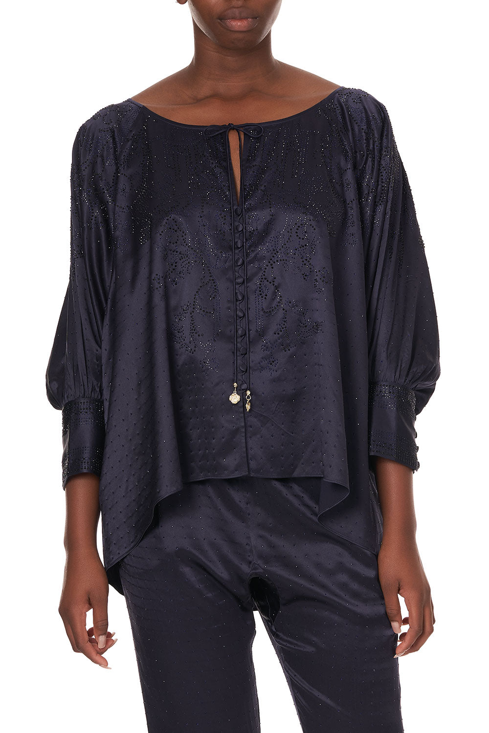 RAGLAN SLEEVE BUTTON UP TOP LUXE NAVY