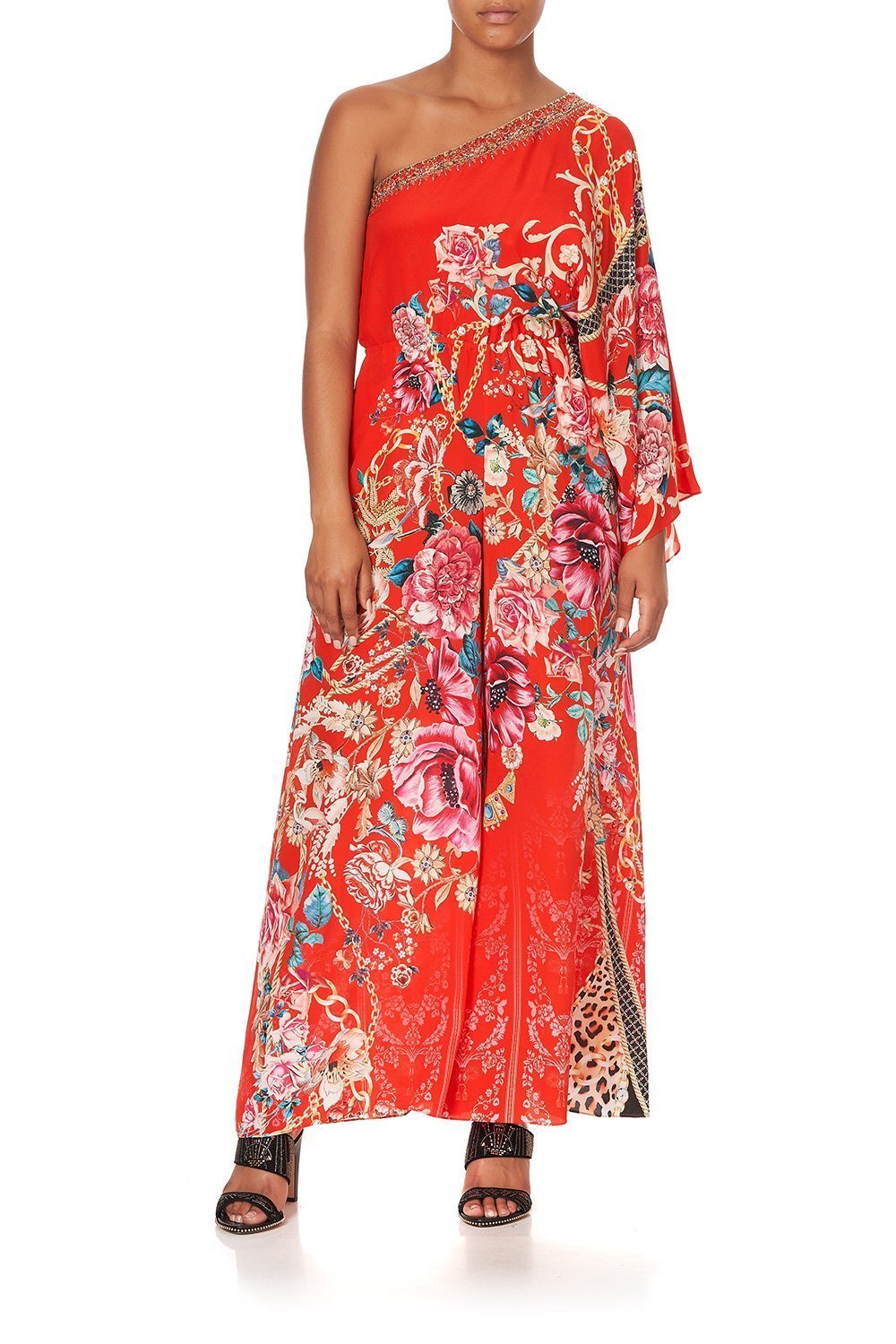 ONE SHOULDER FLARED JUMPSUIT AND THE QUEEN WORE RED