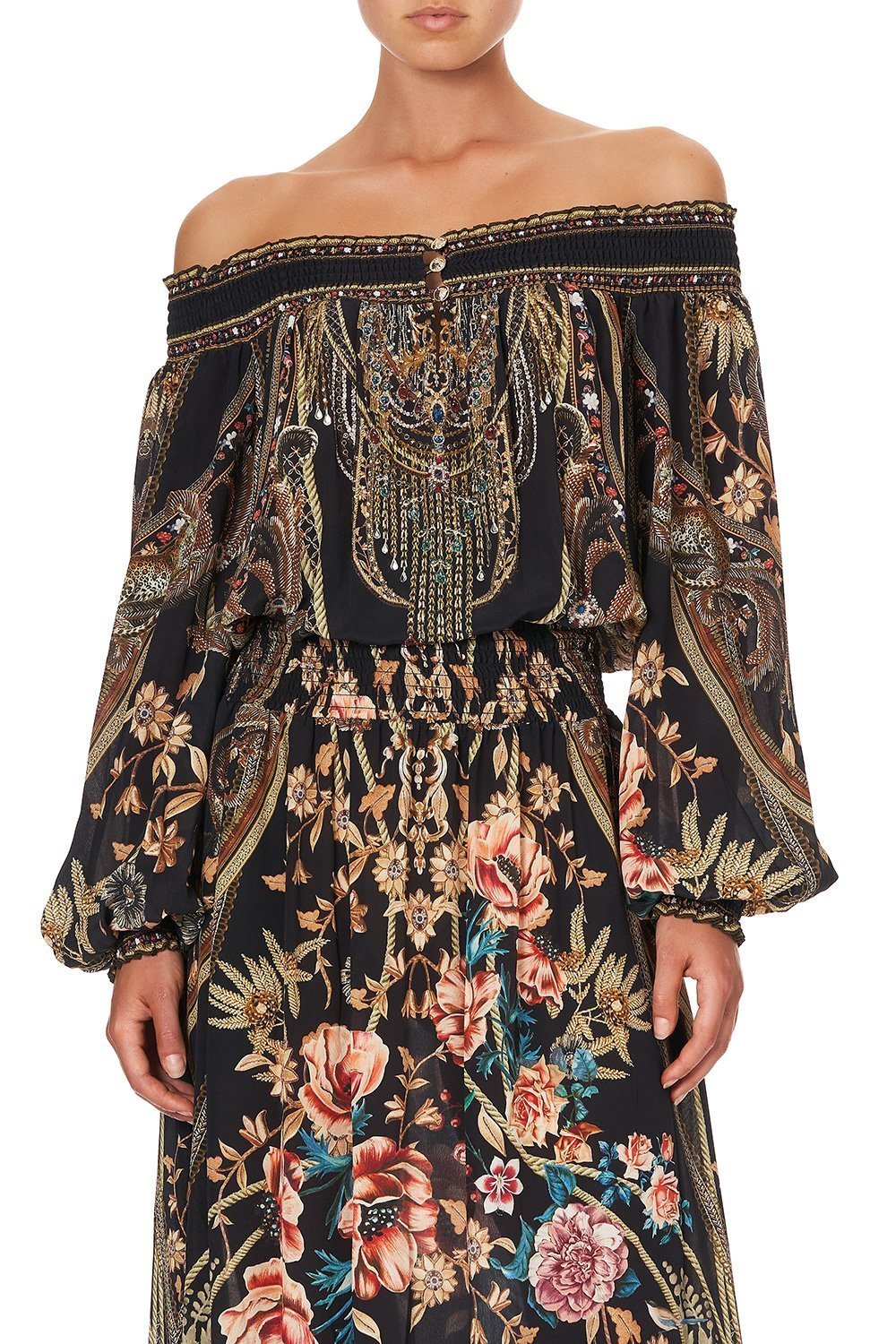 OFF SHOULDER SHIRRED DRESS BELLE OF THE BAROQUE