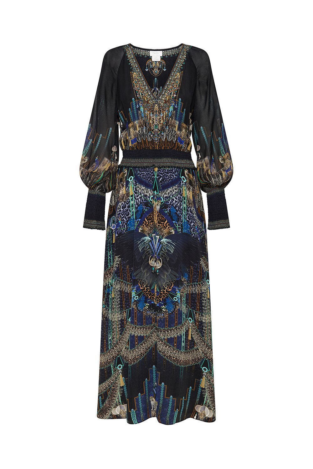 DRESS WITH SHIRRED WAIST AND CUFF DRIPPING IN DECO