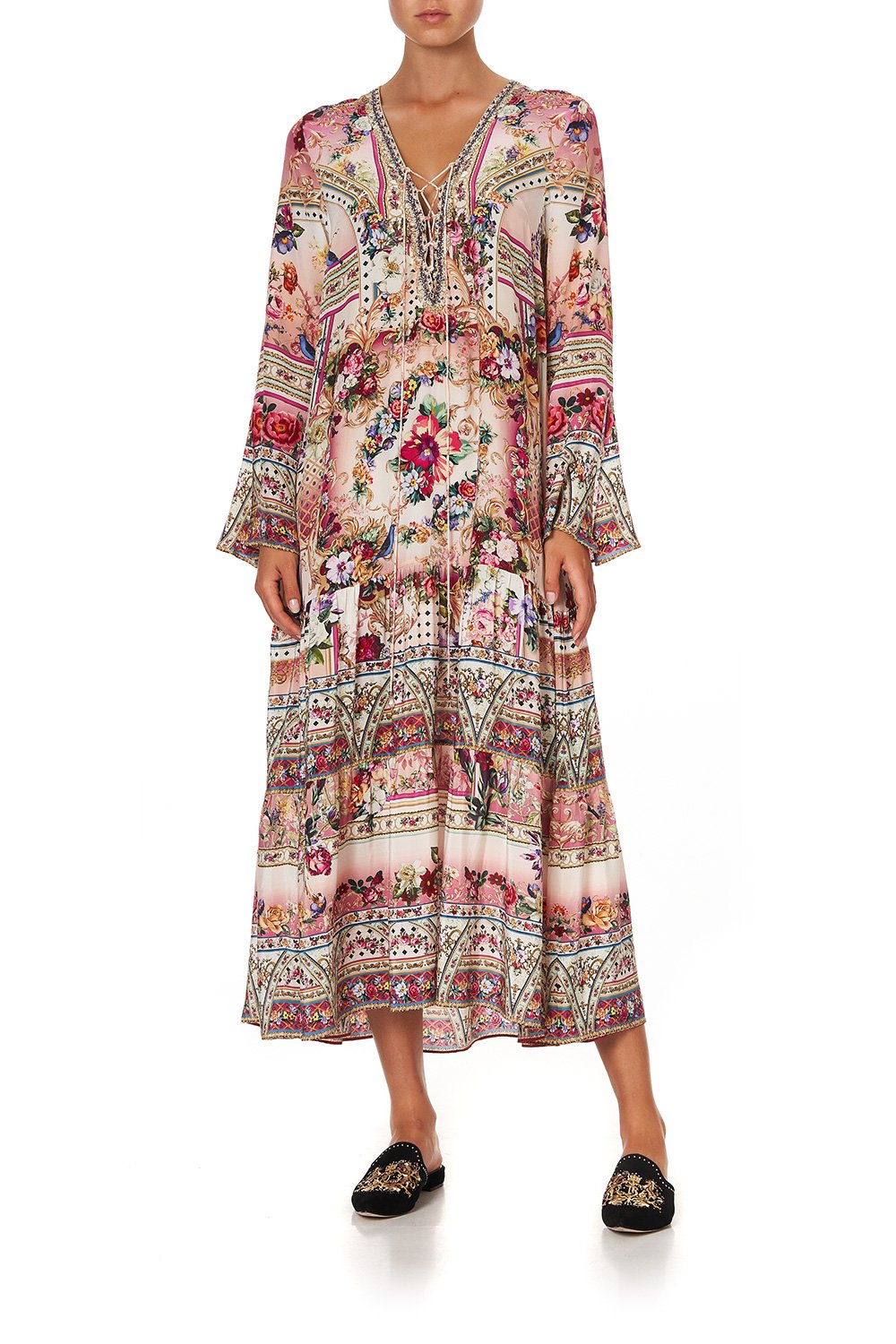 LACE UP DRESS WITH TIERED HEM SUMMONED BY A ROSE