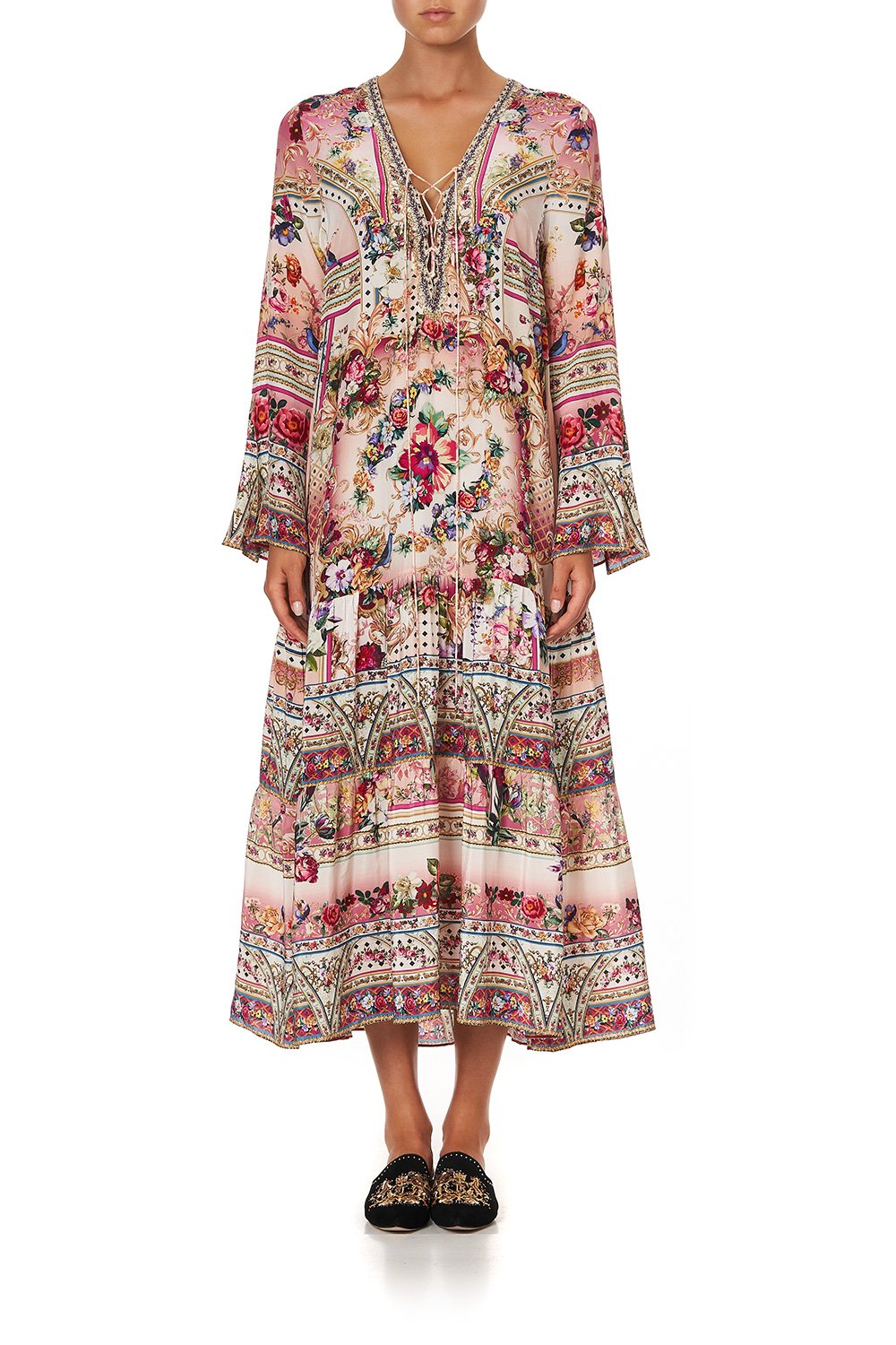 LACE UP DRESS WITH TIERED HEM SUMMONED BY A ROSE