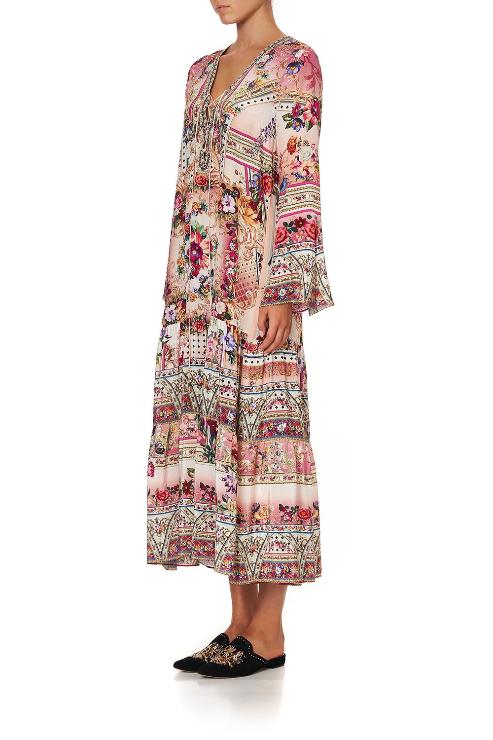 LACE UP DRESS WITH TIERED HEM SUMMONED BY A ROSE