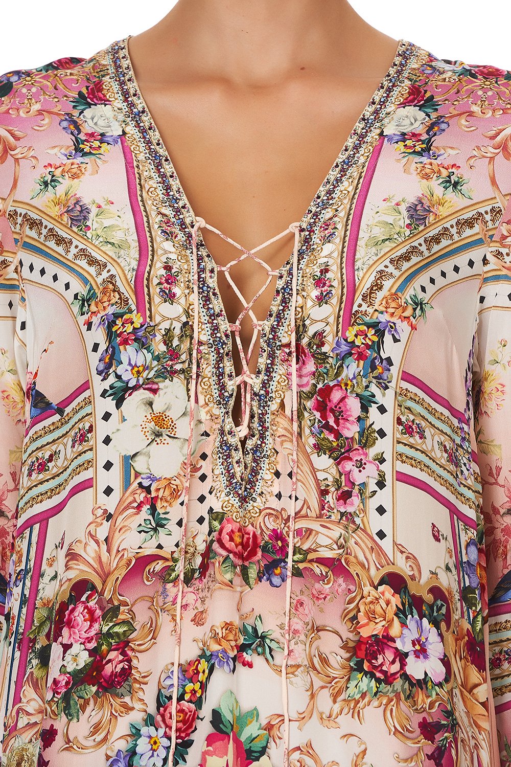 LACE UP DRESS WITH TIERED HEM SUMMONED BY A ROSE