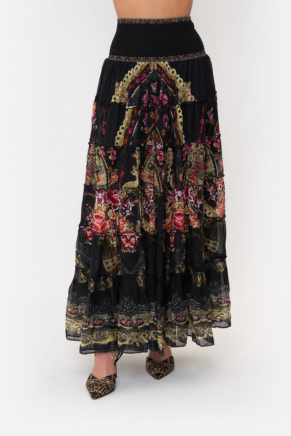 SHIRRED WAIST TIERED CIRCLE SKIRT DANCE WITH DUENDE