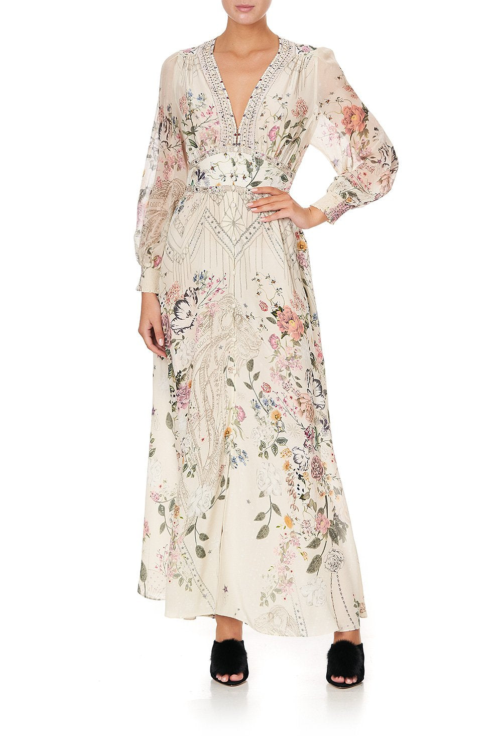 BUTTON DRESS WITH SHAPED WAISTBAND PHOENIX FLOWER