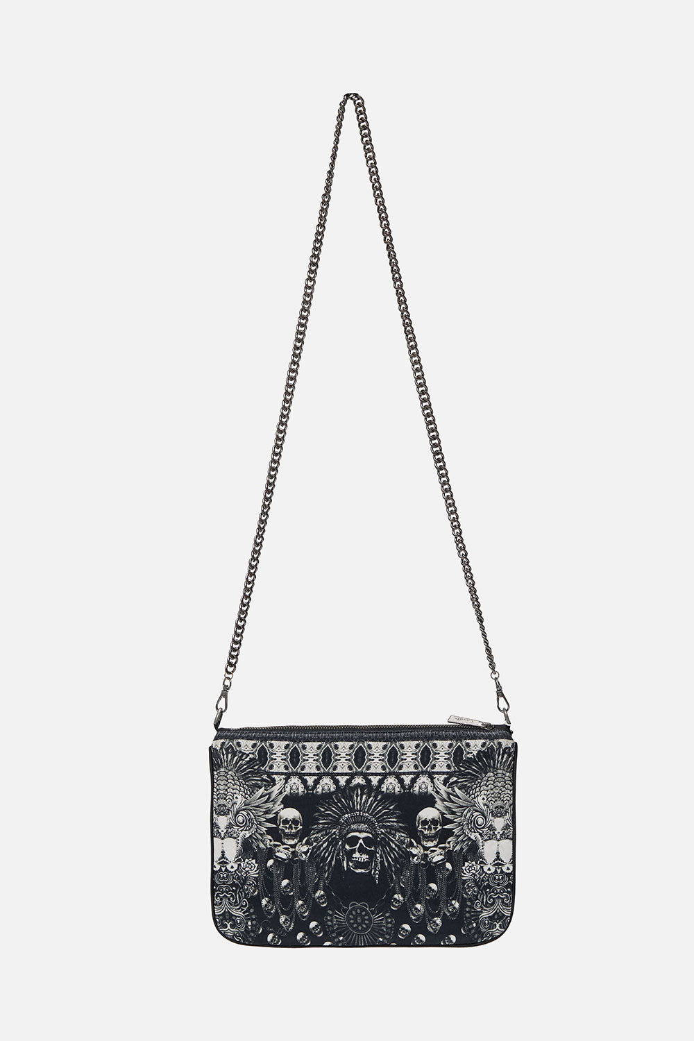 EMBELLISHED ZIP TOP CLUTCH WITH STRAP ORDER OF DISORDER