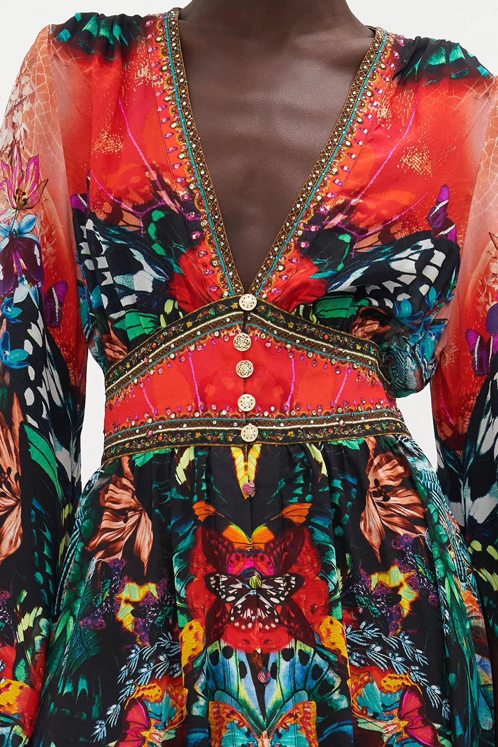 KIMONO SLEEVE DRESS WITH SHIRRING DETAIL IN A FLUTTER