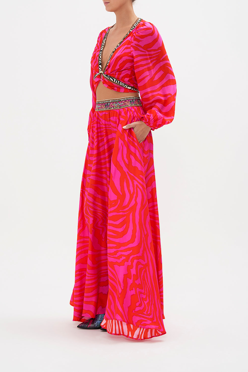 TIE FRONT BLOUSON SLEEVE BLOUSE ZEBRA ZONE