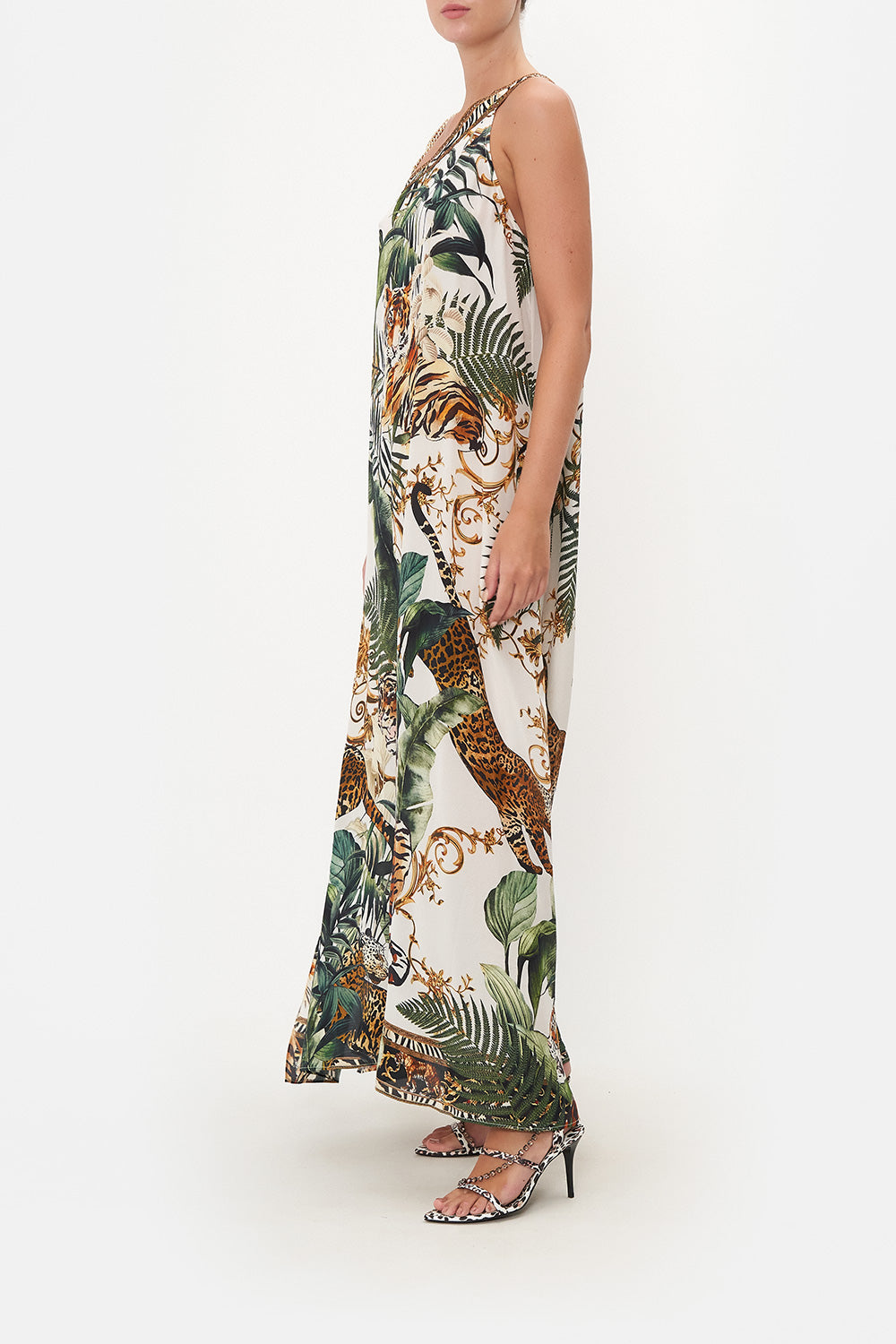 ONE SHOULDER KAFTAN WITH NECKBAND TIGER TRAP