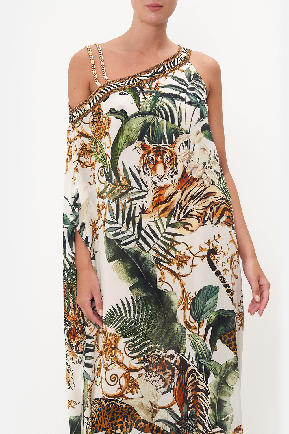 ONE SHOULDER KAFTAN WITH NECKBAND TIGER TRAP