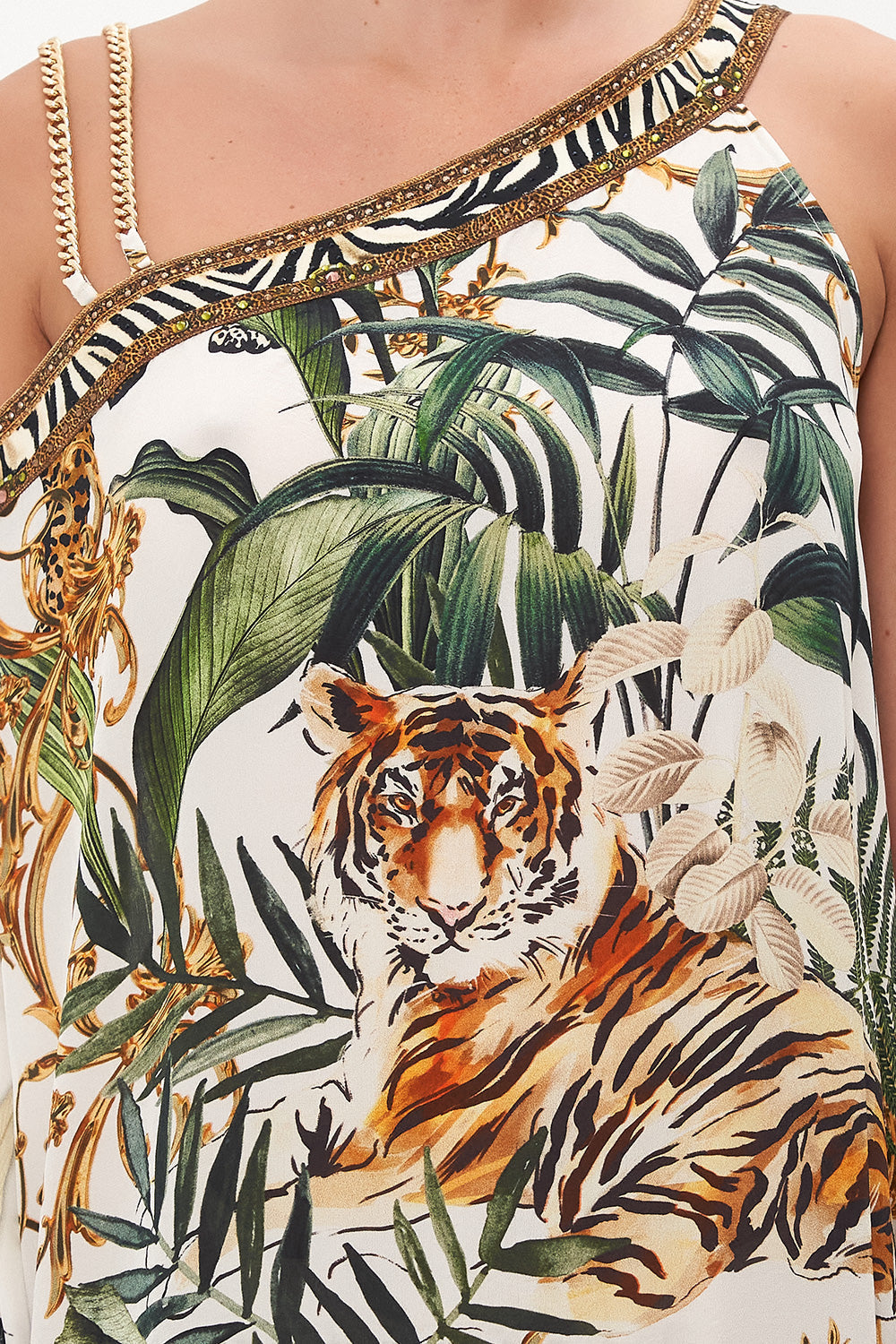 ONE SHOULDER KAFTAN WITH NECKBAND TIGER TRAP