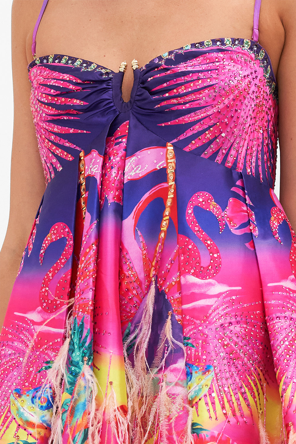 STRAPLESS SHORT FEATHER DRESS FLIGHT OF THE FLAMINGO