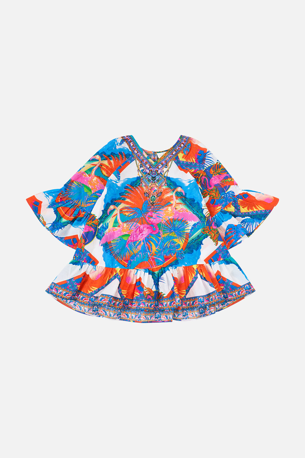 KIDS A-LINE GATHERED DRESS 4-10 FLAMENCO FLAMINGO