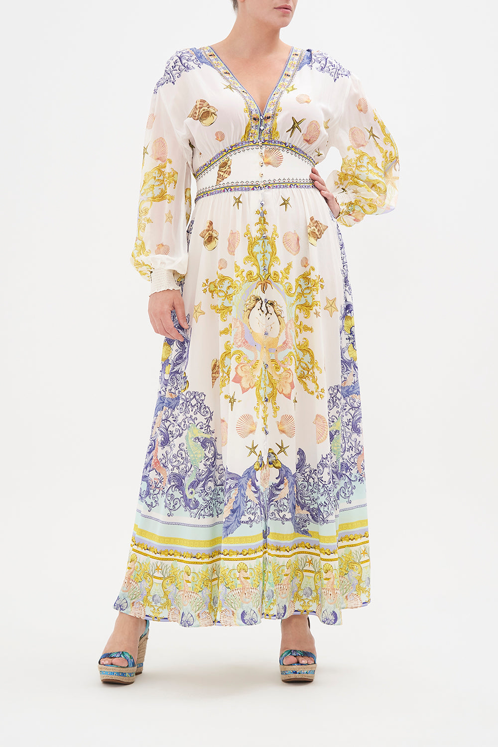 Front view of curvy model wearing CAMILLA plus size silk maxi dress in Star Of the Sea print