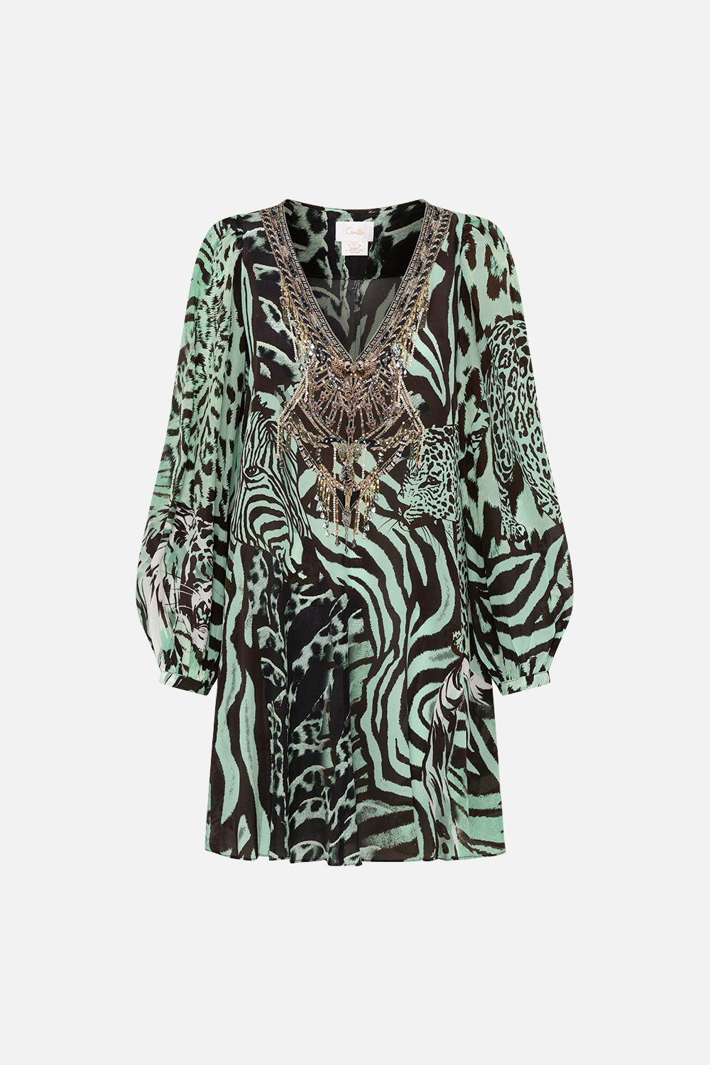 V NECK BLOUSON SLEEVE DRESS LEOPARD LORE