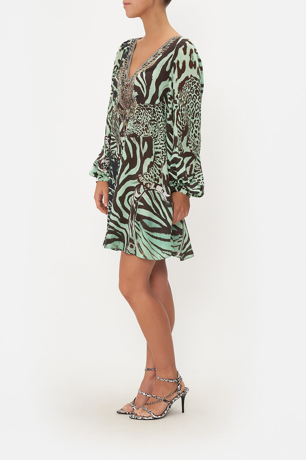 V NECK BLOUSON SLEEVE DRESS LEOPARD LORE