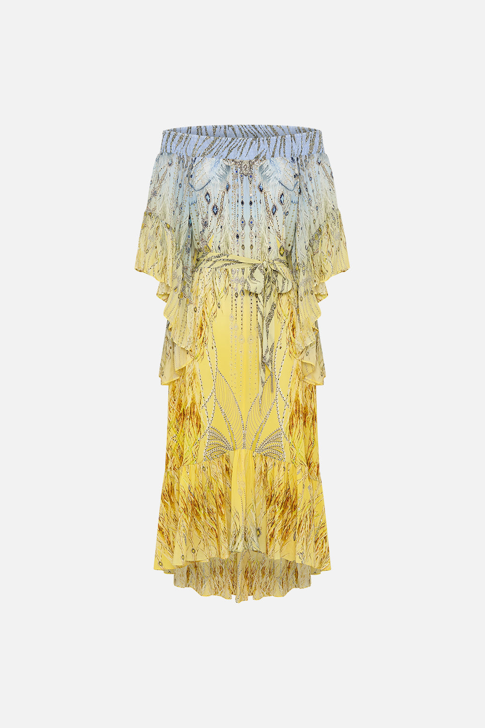 HIGH LOW HEM OFF SHOULDER DRESS MOON AND BACK