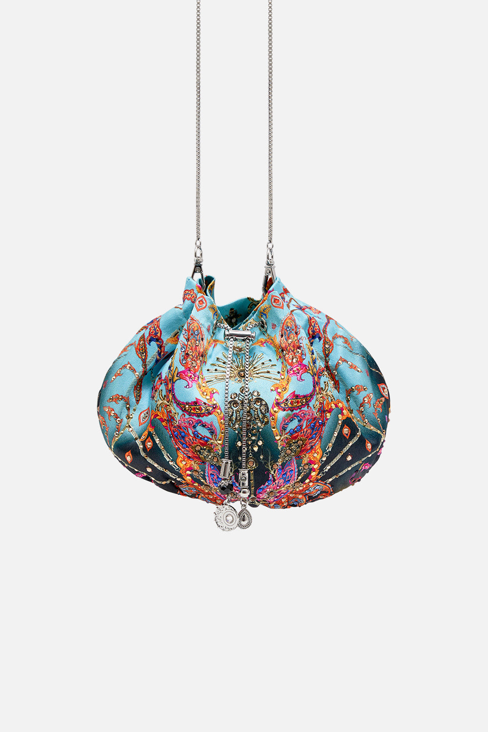 Drawstring Pouch With Chain Strap What Lies Beneath print by CAMILLA