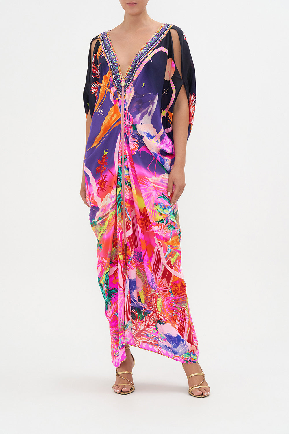 LONG DRAPE DRESS WITH ZIP FRONT FLIGHT OF THE FLAMINGO