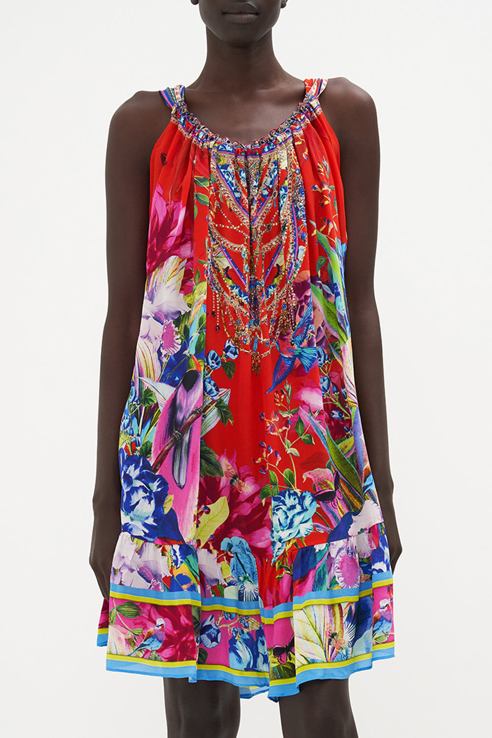 SHORT DRAWSTRING FRILL DRESS BIRDS OF A FEATHER