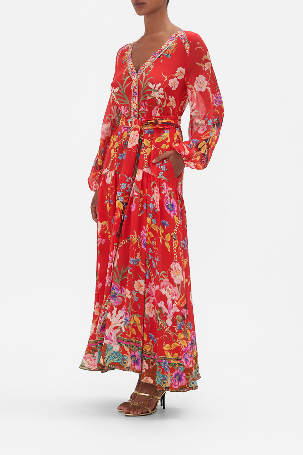 V NECK DRESS WITH BELT RUFFLE SOME FEATHERS