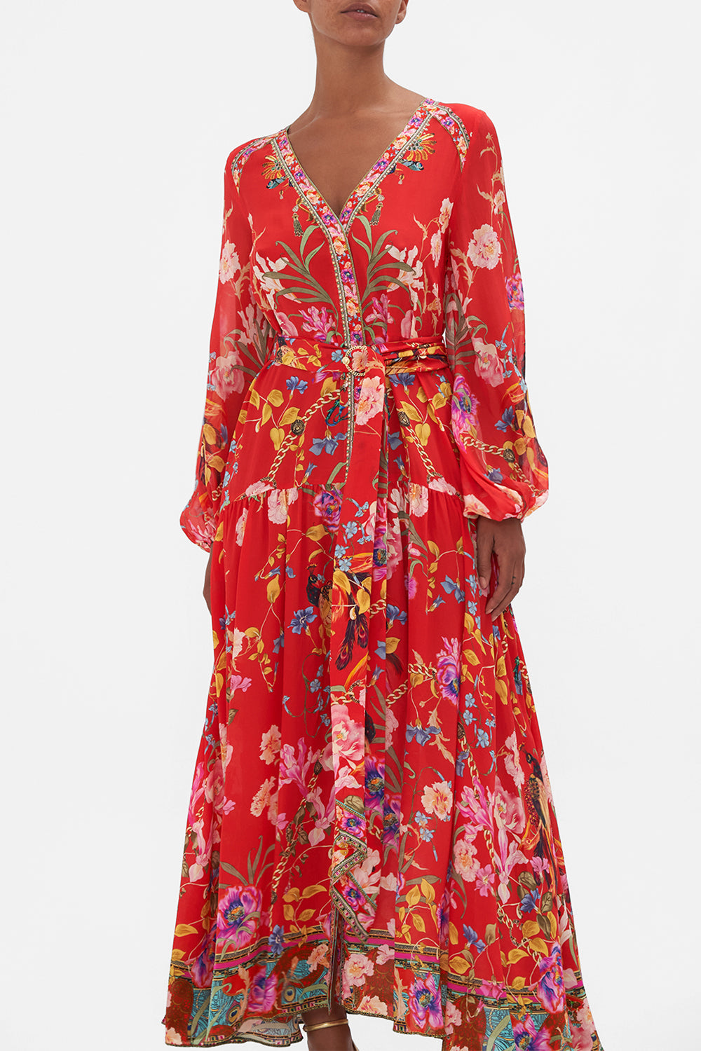 V NECK DRESS WITH BELT RUFFLE SOME FEATHERS