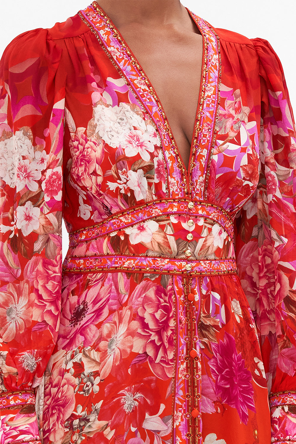 SHAPED WAISTBAND DRESS WITH GATHERED SLEEVES SECRET GARDEN